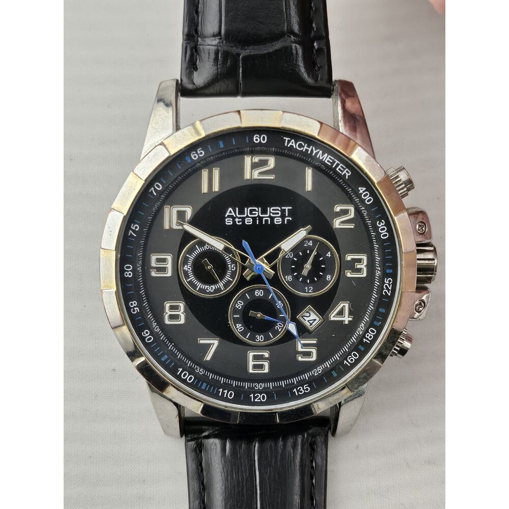 Men's August Steiner Quartz Multifunction New Genuine Leather Strap Watch